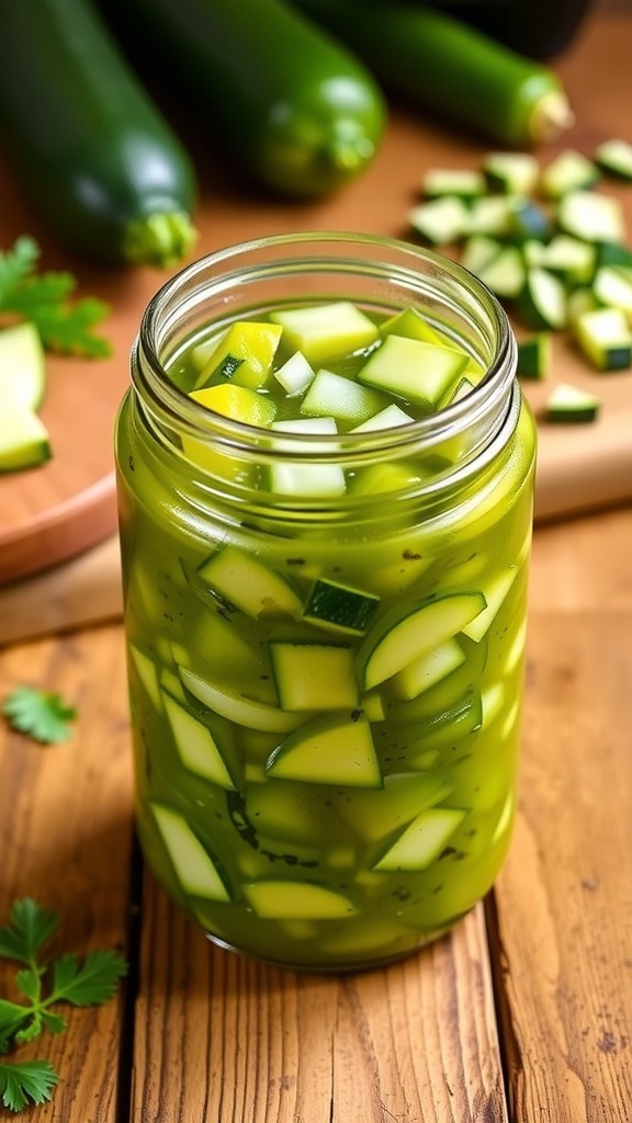 Homemade Zucchini Relish Recipe A jar of homemade zucchini relish with diced vegetables on a wooden table.